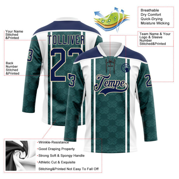 Custom Green Navy White-Cream Stripe Hockey Lace Neck Jersey