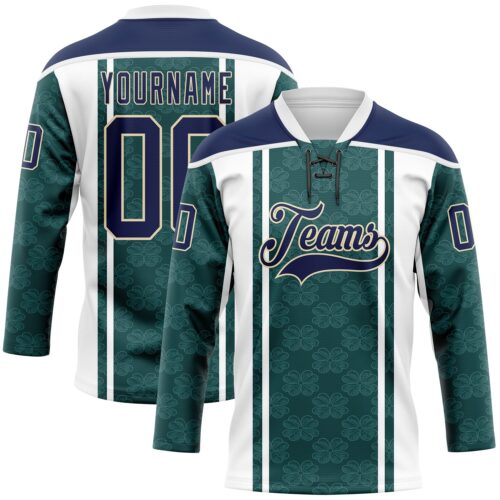 Custom Green Navy White-Cream Stripe Hockey Lace Neck Jersey