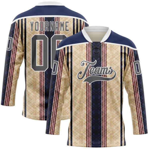 Custom Cream Steel Gray Red Navy-White Stripe Hockey Lace Neck Jersey