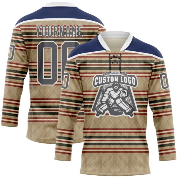Custom Old Gold Steel Gray Red Cream-White Stripe Hockey Lace Neck Jersey