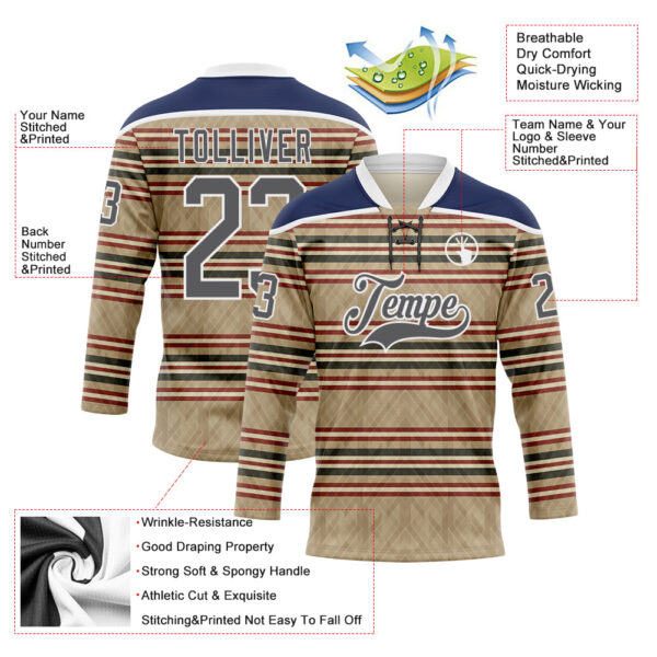 Custom Old Gold Steel Gray Red Cream-White Stripe Hockey Lace Neck Jersey