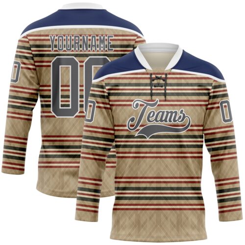 Custom Old Gold Steel Gray Red Cream-White Stripe Hockey Lace Neck Jersey
