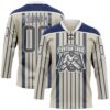 Custom Cream Steel Gray Navy-White Stripe Hockey Lace Neck Jersey