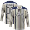Custom Cream Steel Gray Navy-White Stripe Hockey Lace Neck Jersey