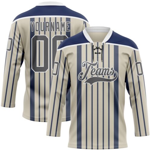 Custom Cream Steel Gray Navy-White Stripe Hockey Lace Neck Jersey