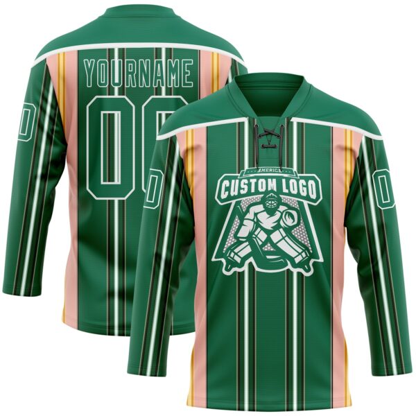 Custom Kelly Green Pink Yellow Black-White Stripe Hockey Lace Neck Jersey