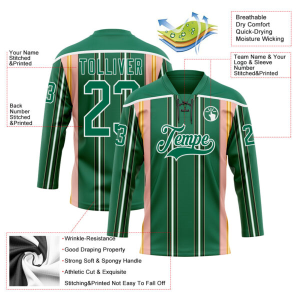 Custom Kelly Green Pink Yellow Black-White Stripe Hockey Lace Neck Jersey