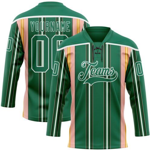 Custom Kelly Green Pink Yellow Black-White Stripe Hockey Lace Neck Jersey