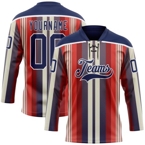 Custom Red Navy Cream-White Stripe Hockey Lace Neck Jersey