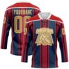 Custom Red Old Gold Navy White-Cream Stripe Hockey Lace Neck Jersey