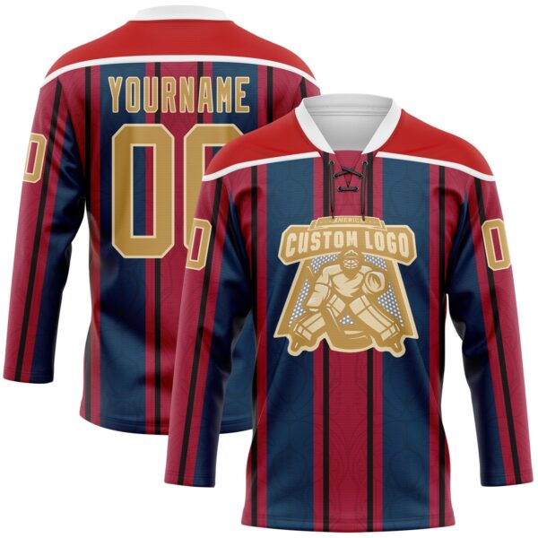 Custom Red Old Gold Navy White-Cream Stripe Hockey Lace Neck Jersey