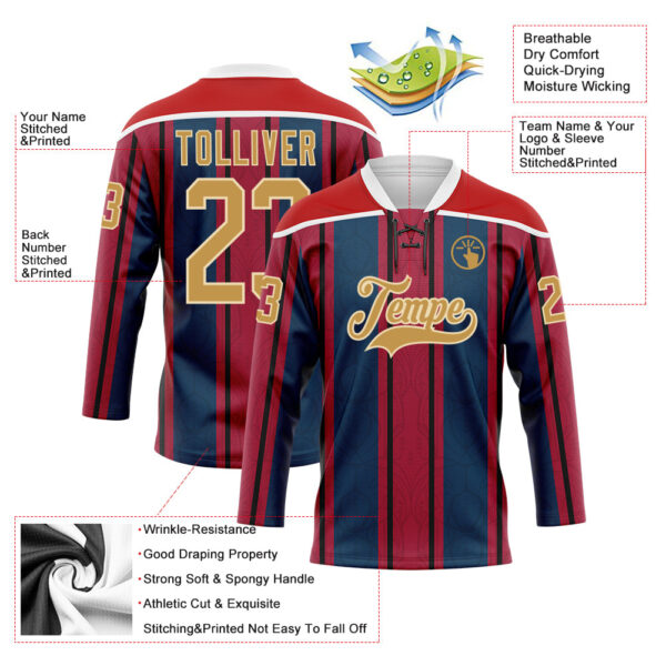 Custom Red Old Gold Navy White-Cream Stripe Hockey Lace Neck Jersey