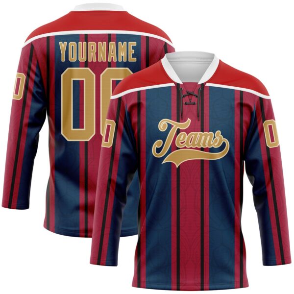Custom Red Old Gold Navy White-Cream Stripe Hockey Lace Neck Jersey