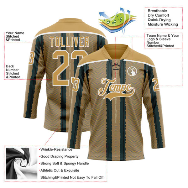Custom Old Gold Green Black-White Stripe Hockey Lace Neck Jersey