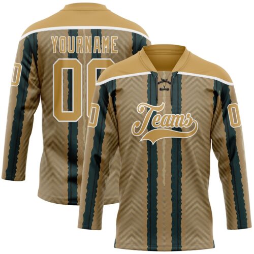 Custom Old Gold Green Black-White Stripe Hockey Lace Neck Jersey
