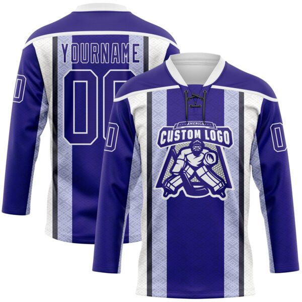 Custom Dark Purple Black-White Stripe Hockey Lace Neck Jersey