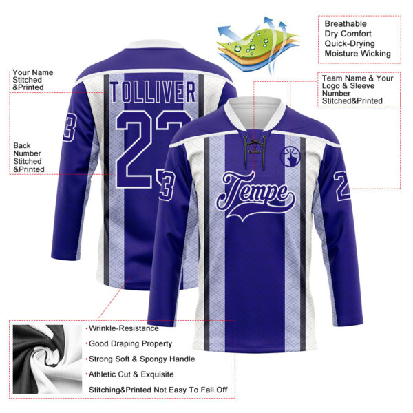 Custom Dark Purple Black-White Stripe Hockey Lace Neck Jersey