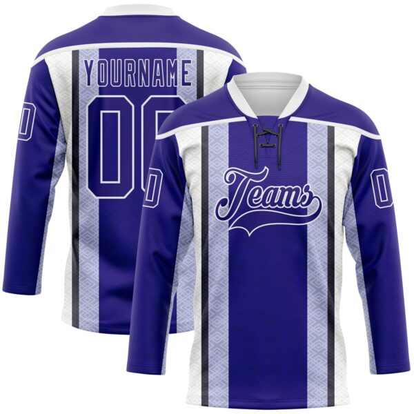 Custom Dark Purple Black-White Stripe Hockey Lace Neck Jersey