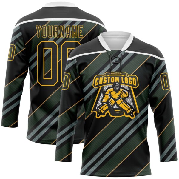 Custom Black Gold-White Stripe Hockey Lace Neck Jersey