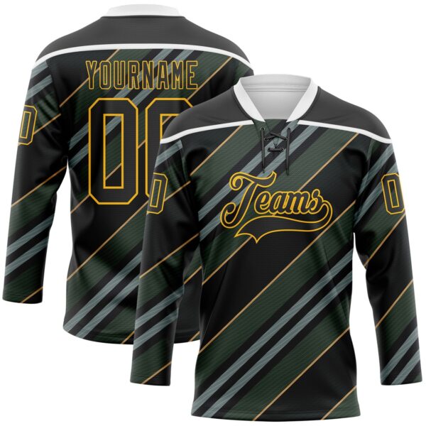 Custom Black Gold-White Stripe Hockey Lace Neck Jersey