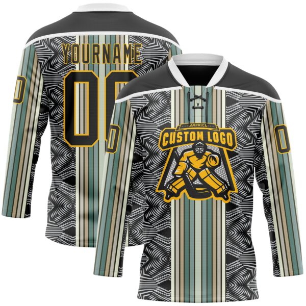 Custom Black Blue Gold-White Stripe Hockey Lace Neck Jersey