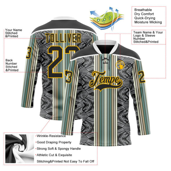 Custom Black Blue Gold-White Stripe Hockey Lace Neck Jersey