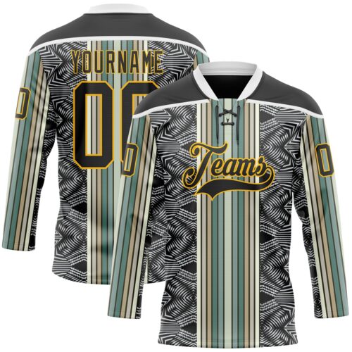 Custom Black Blue Gold-White Stripe Hockey Lace Neck Jersey