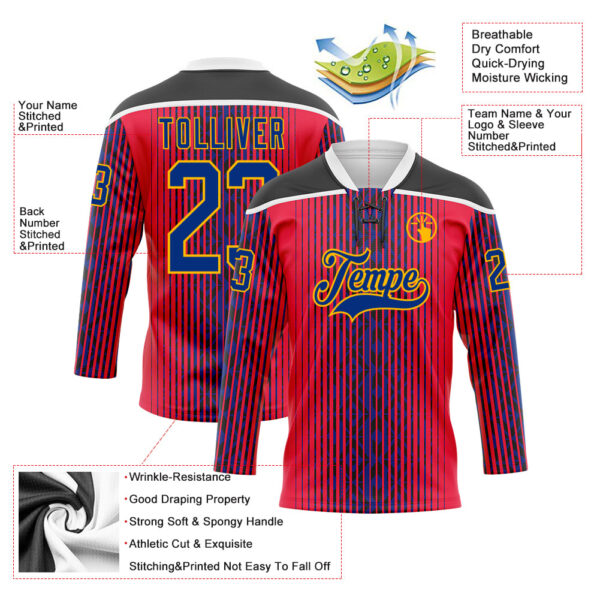 Custom Red Royal Black Gold-White Stripe Hockey Lace Neck Jersey
