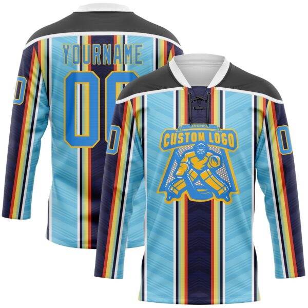 Custom Blue Powder Blue Black Red Gold-White Stripe Hockey Lace Neck Jersey