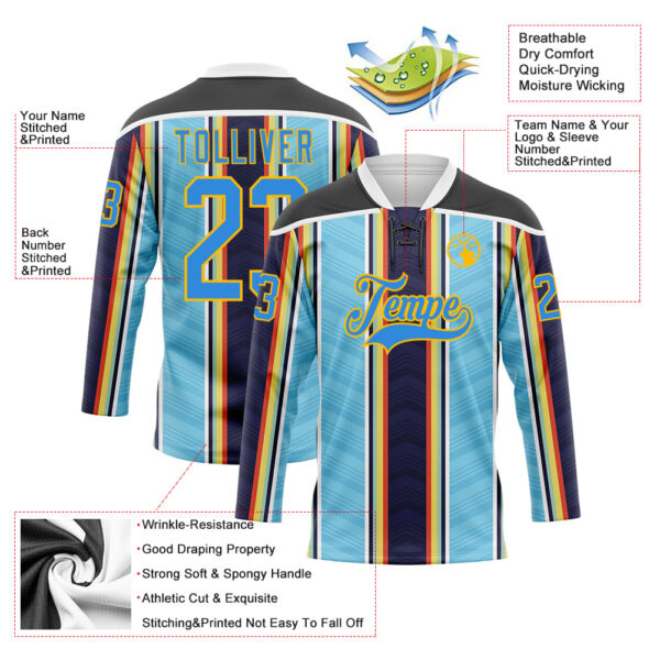 Custom Blue Powder Blue Black Red Gold-White Stripe Hockey Lace Neck Jersey