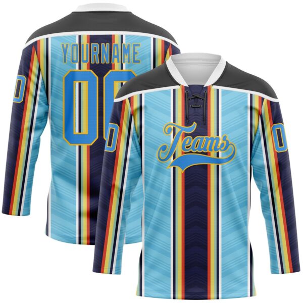 Custom Blue Powder Blue Black Red Gold-White Stripe Hockey Lace Neck Jersey