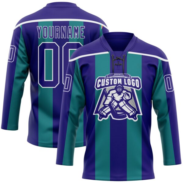 Custom Dark Purple Green-White Stripe Hockey Lace Neck Jersey