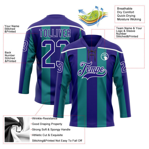 Custom Dark Purple Green-White Stripe Hockey Lace Neck Jersey