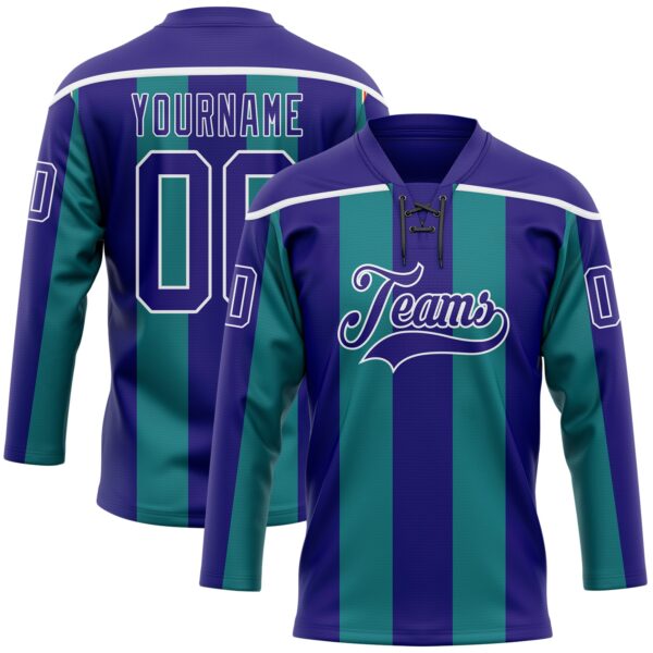 Custom Dark Purple Green-White Stripe Hockey Lace Neck Jersey