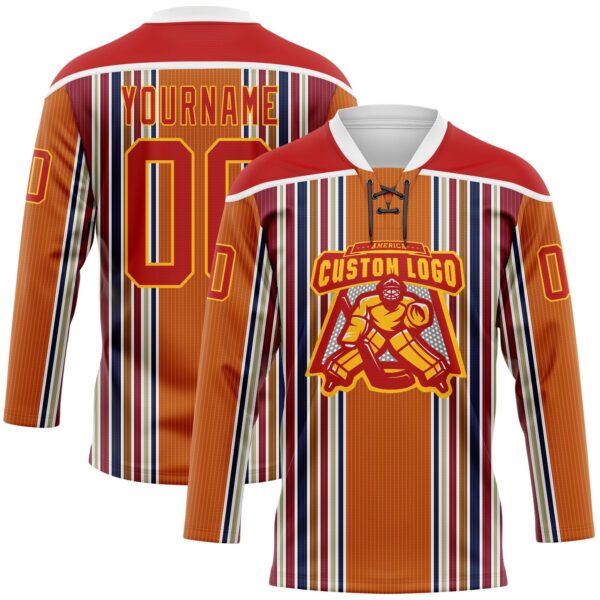 Custom Orange Red Blue Gold-White Stripe Hockey Lace Neck Jersey