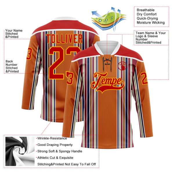 Custom Orange Red Blue Gold-White Stripe Hockey Lace Neck Jersey