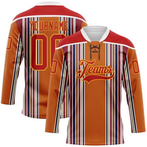 3DPattern11828 Custom Orange Red Blue Gold-White Stripe Hockey Lace Neck Jersey