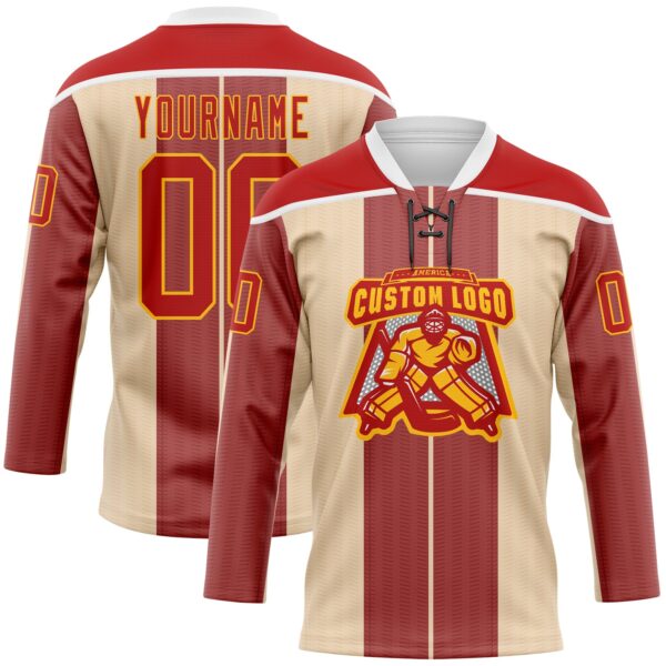 Custom Red Cream Gold-White Stripe Hockey Lace Neck Jersey