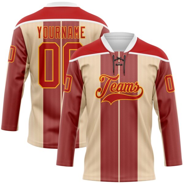 Custom Red Cream Gold-White Stripe Hockey Lace Neck Jersey