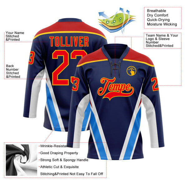 Custom Navy Fire Red Gold Blue-White Abstract Pattern Graphic Cyber Mecha E-sport Hockey Lace Neck Jersey