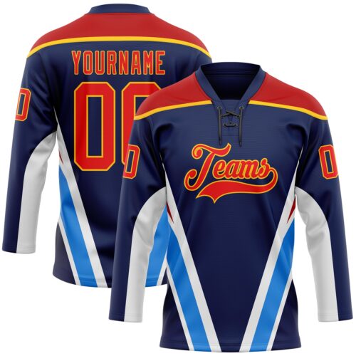 Custom Navy Fire Red Gold Blue-White Abstract Pattern Graphic Cyber Mecha E-sport Hockey Lace Neck Jersey