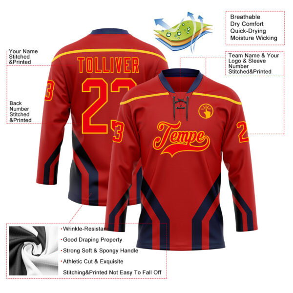 Custom Red Fire Red Gold-Navy Abstract Pattern Graphic Cyber Mecha E-sport Hockey Lace Neck Jersey