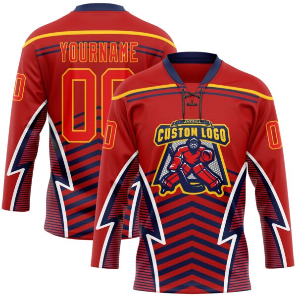 Custom Red Fire Red Gold Navy-White Abstract Pattern Graphic Cyber Mecha E-sport Hockey Lace Neck Jersey