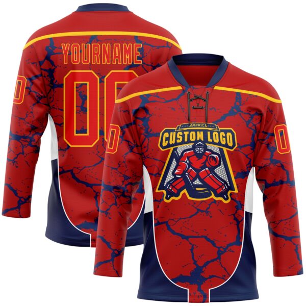 Custom Red Fire Red Gold Navy-White Abstract Pattern Graphic Cyber Mecha E-sport Hockey Lace Neck Jersey