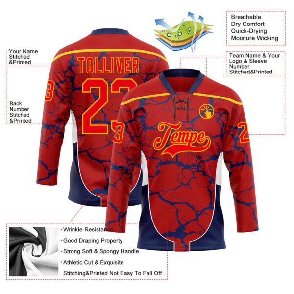 Custom Red Fire Red Gold Navy-White Abstract Pattern Graphic Cyber Mecha E-sport Hockey Lace Neck Jersey