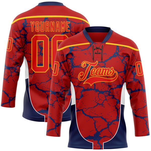 Custom Red Fire Red Gold Navy-White Abstract Pattern Graphic Cyber Mecha E-sport Hockey Lace Neck Jersey