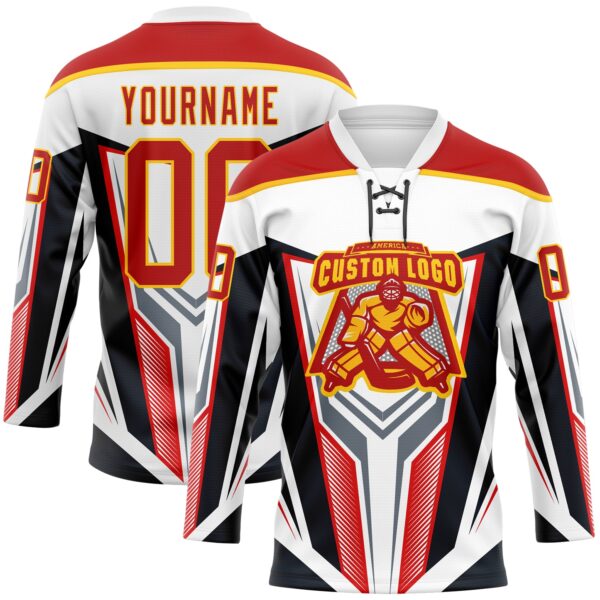 Custom White Red Yellow Black Gray-White Abstract Pattern Graphic Cyber Mecha E-sport Hockey Lace Neck Jersey