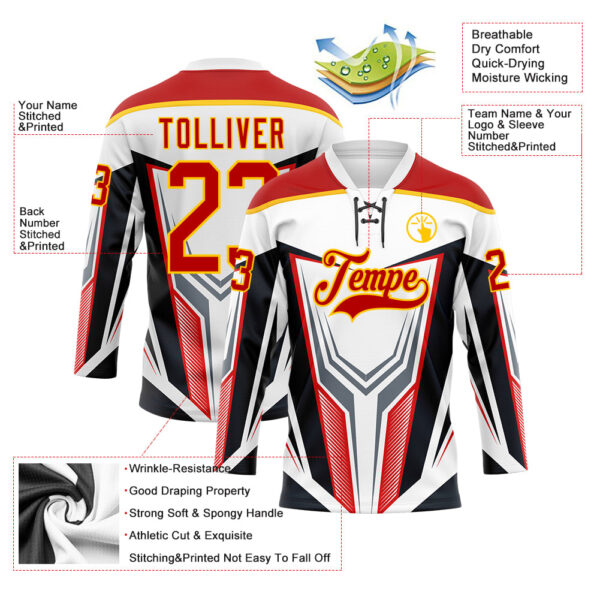 Custom White Red Yellow Black Gray-White Abstract Pattern Graphic Cyber Mecha E-sport Hockey Lace Neck Jersey