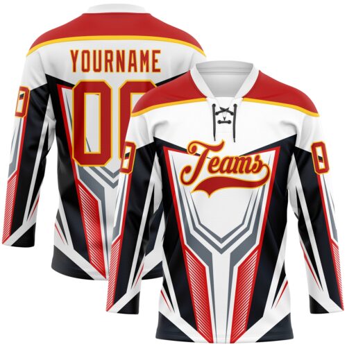3DPattern11834 Custom White Red Yellow Black Gray-White Abstract Pattern Graphic Cyber Mecha E-sport Hockey Lace Neck Jersey