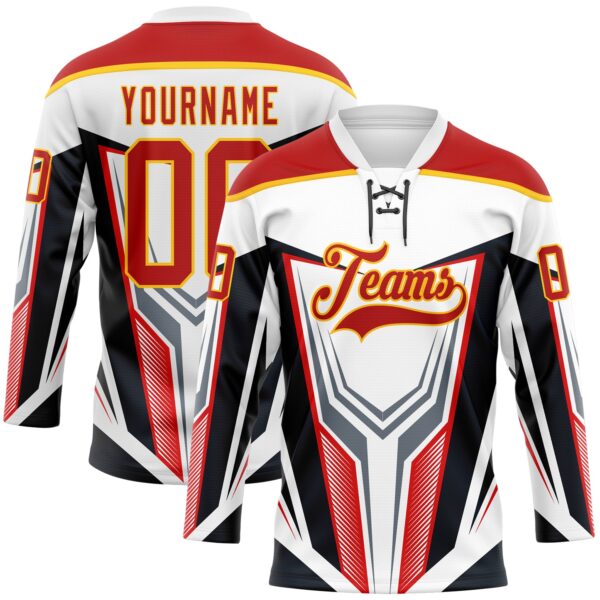 Custom White Red Yellow Black Gray-White Abstract Pattern Graphic Cyber Mecha E-sport Hockey Lace Neck Jersey